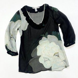 Diane von Furstenberg DVF "Chica" Sheer Silk Floral Quarter Sleeve Blouse sz 2 S